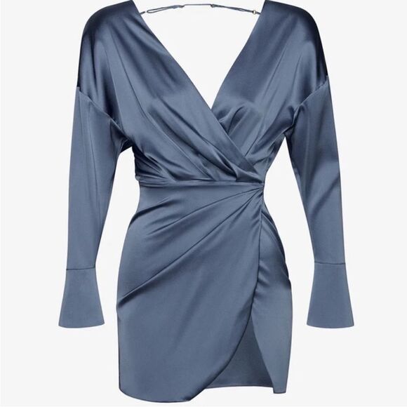 SEROYA Silk Alisa Dress Long Sleeve Mini Open Back V Neck Country Blue - Picture 2 of 13